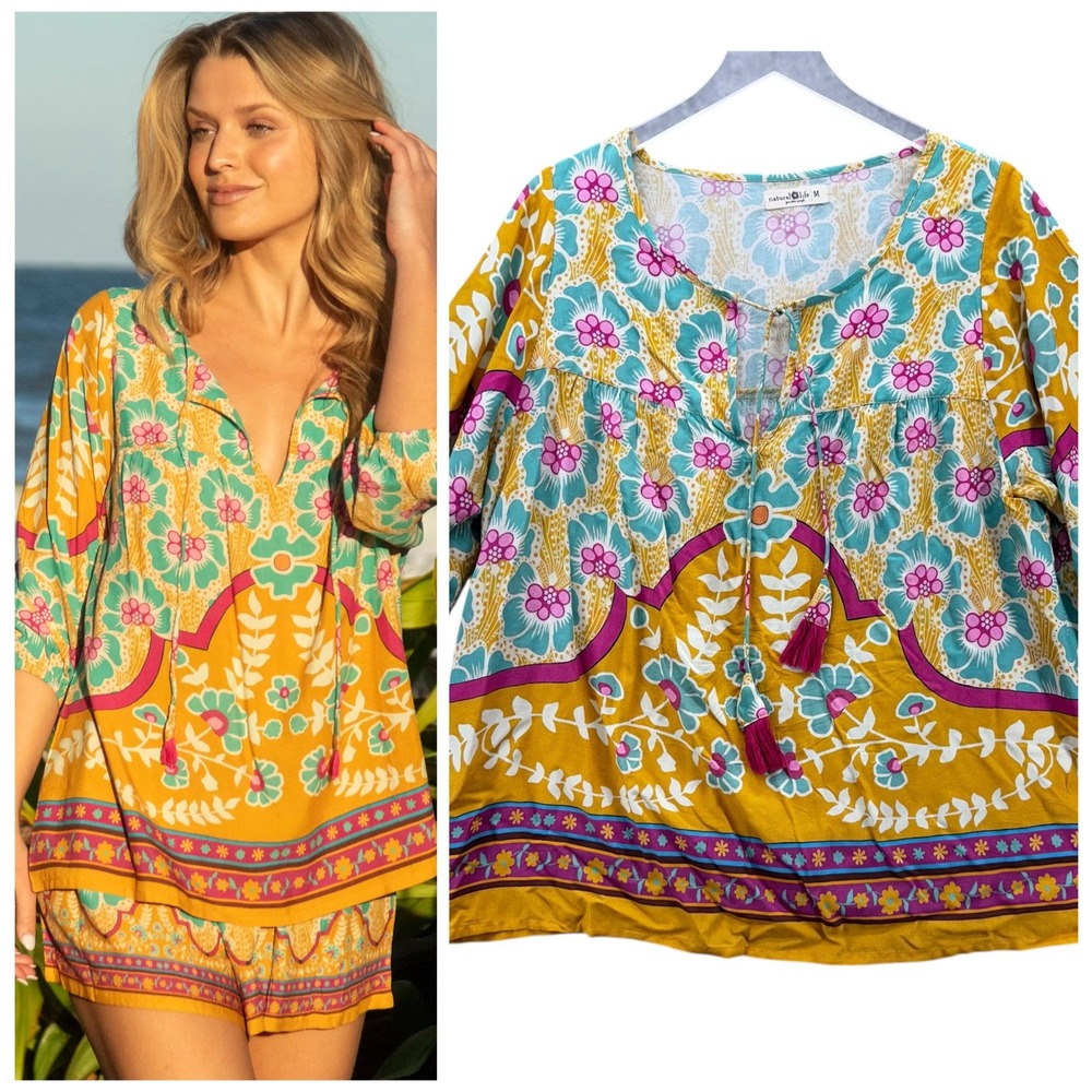 Natural Life Womens Maribel Top Size M Mustard Floral 3/4 Sleeve Boho Hippie